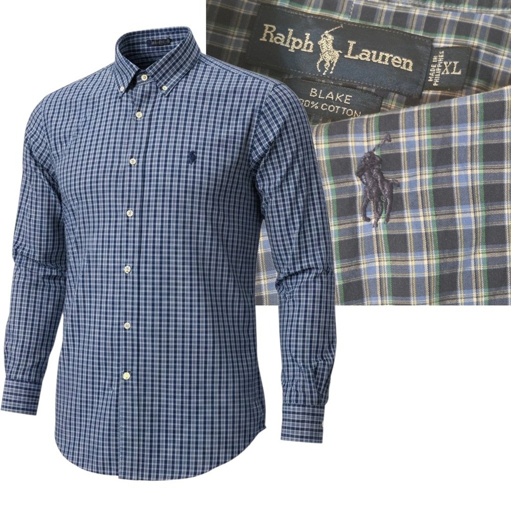 Ralph Lauren Button Down Men XL Blue Plaid Blake Long Sleeve Pony Logo Cotton